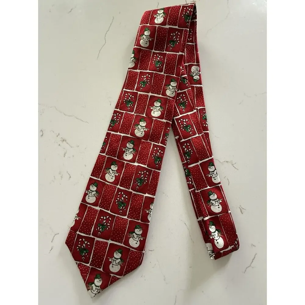 Nicole Miller New York 100% Silk Snowman Christmas Tie Holiday Whimsy Red
